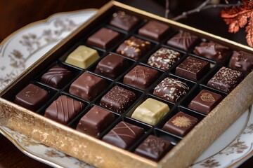 A vibrant box of gourmet chocolates featuring a mix of dark and milk varieties, set on a fine porcelain plate with elegant accents in HD clarity.