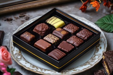 A vibrant box of gourmet chocolates featuring a mix of dark and milk varieties, set on a fine porcelain plate with elegant accents in HD clarity.