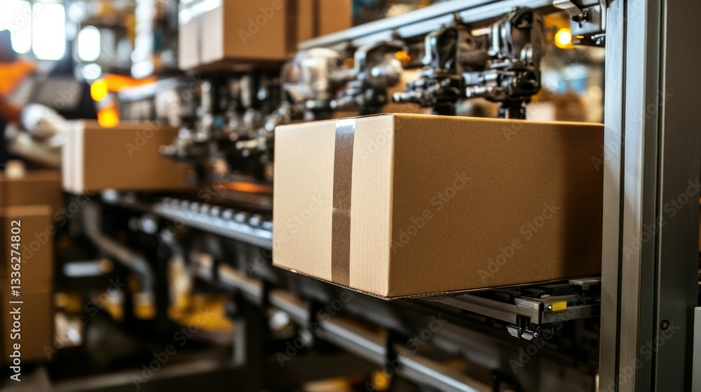 Poster cardboard boxes move along a conveyor belt in a warehouse setting