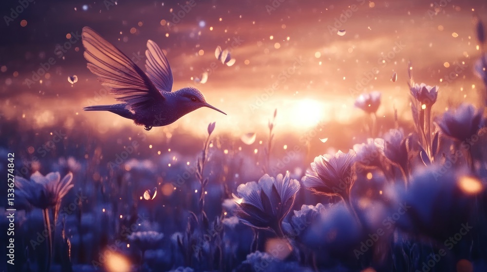 Poster a hovering hummingbird flies over a field of vibrant flowers