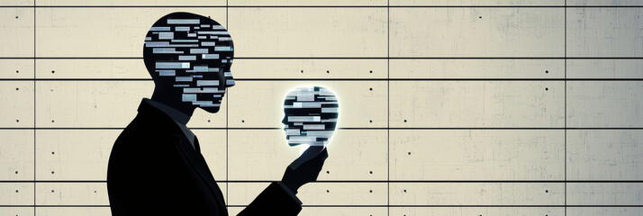 futuristic representation of customer service representative holding glowing digital skull, symbolizing technology and innovation