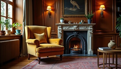 Cozy living room corner with mustard yellow armchair near fireplace what it represents