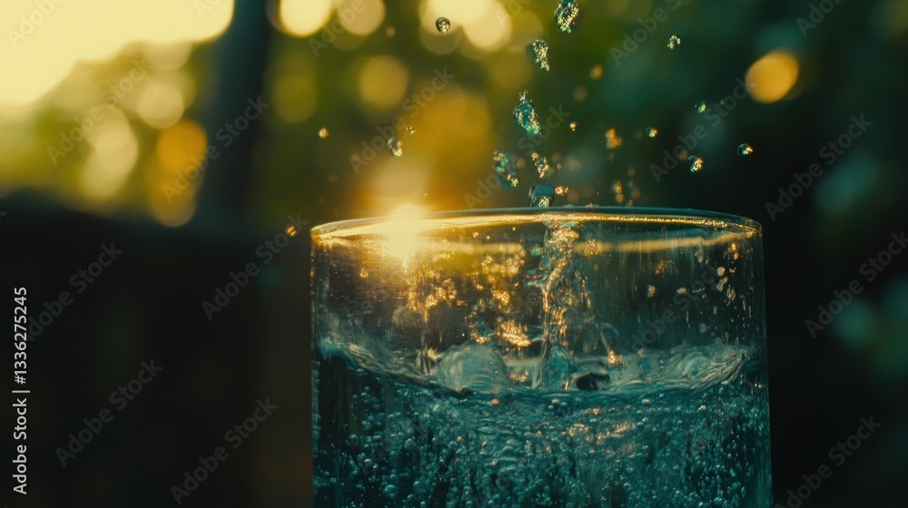 Poster glass with water being splashed with sunlight visible from the back