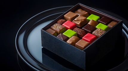 A vibrant display of assorted chocolate squares in a modern box, set on a sleek black plate with a reflective finish, captured in HD detail.