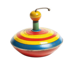 A vintage tin spinning top toy with bright primary colors and a pull handle  isolated on a white background.