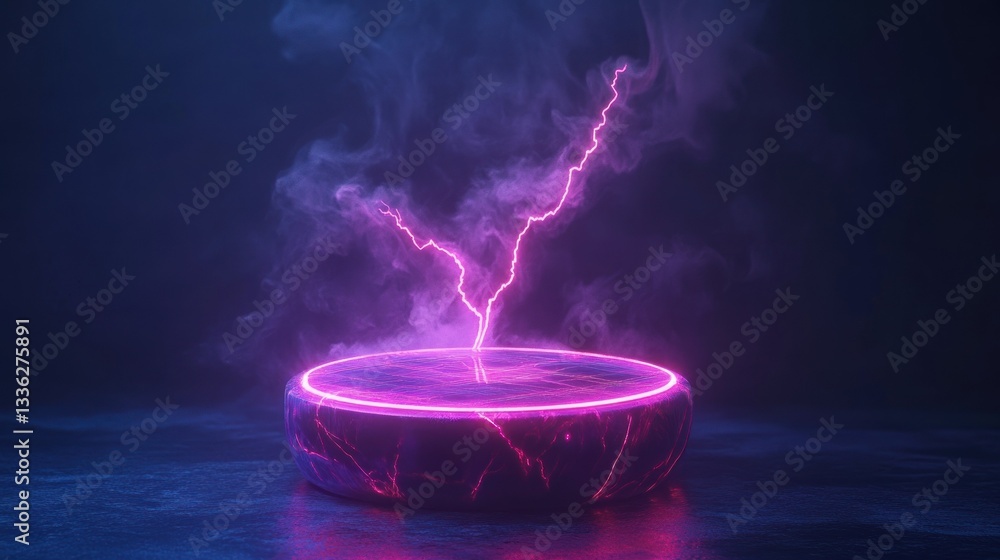 Poster a glowing lightning bolt erupts from a circular platform design