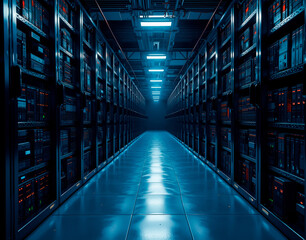 A hidden server farm concealed within library bookshelves, where humming racks store digital data in a silent knowledge vault.