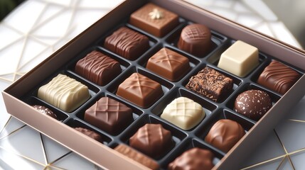 A vibrant presentation of assorted milk chocolates in an elegant box, artfully arranged on a geometric plate with soft shadows in HD clarity.