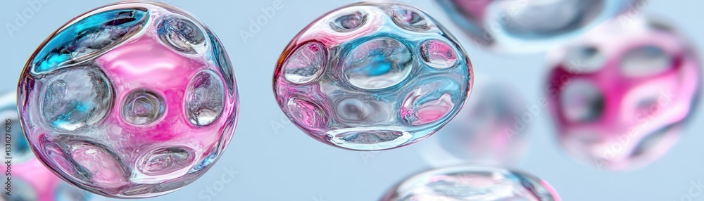 Poster spherical translucent shapes floating against a pastel colored background