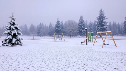 Snowy Winter Playground Scene Peaceful Swings Trees Landscape fun day cold park blue grey calm view 
