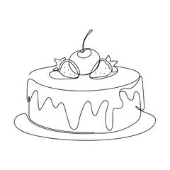 Single Line Drawing Delicious Cake with Strawberries and Cherry