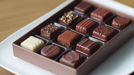 A vibrant presentation of assorted milk and dark chocolates in a sleek box, arranged on a minimalist white plate with soft focus in HD.