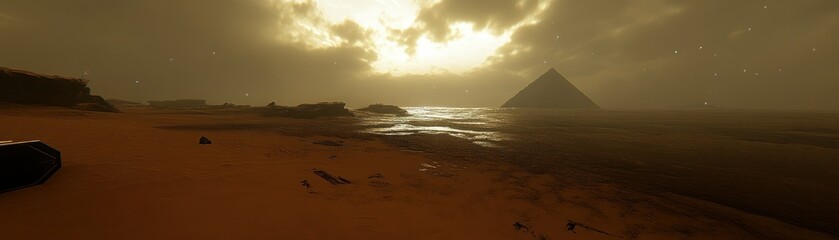 A vast and desolate landscape featuring an ancient monument in water