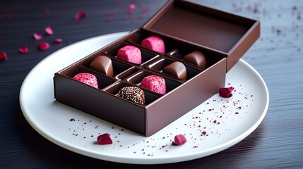 A vibrant presentation of chocolate delights in an elegant box, set on a sleek white plate with refined accents and rendered in crisp HD.