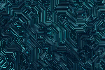 Abstract close-up of a glowing blue digital circuit board, showcasing intricate connections and technological design on a black background.
