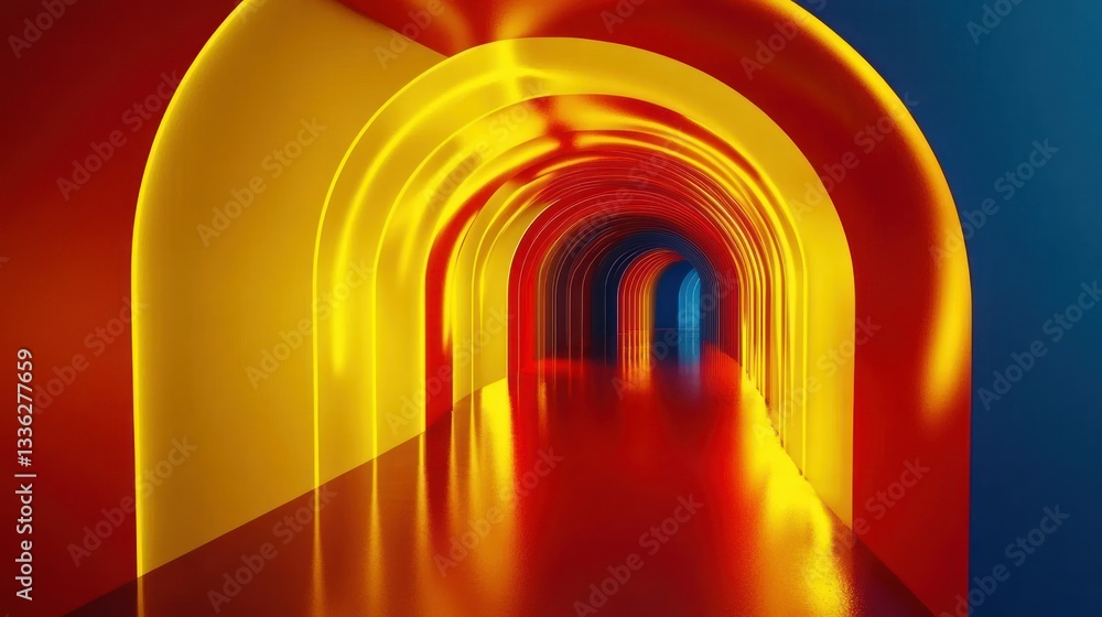 Poster a brightly colored hallway with arched architectural structure