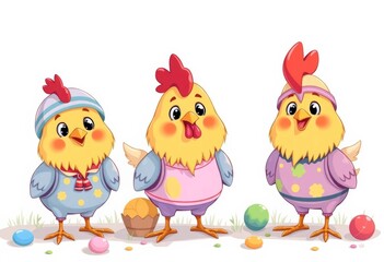 Set of adorable cartoon chickens in Easter-themed outfits, flat vector style, bunny, element