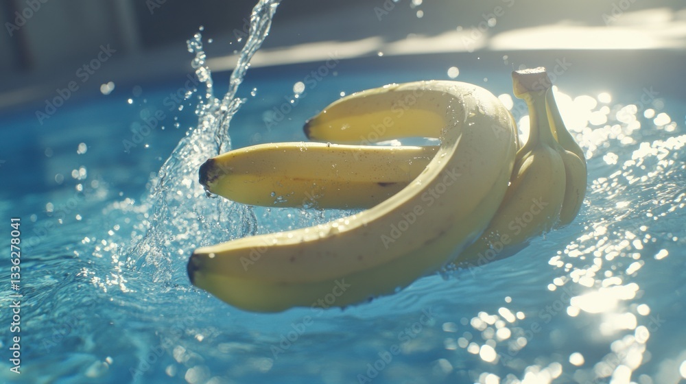 Poster bananas splashing into pool water making a delightful summer scene