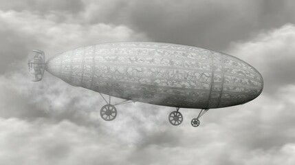 Obraz premium An ornate airship floats through a cloudy grey atmospheric sky