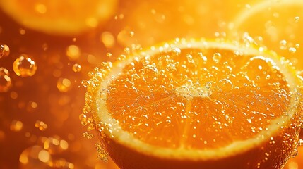 A vibrant orange radiates health, surrounded by abstract symbols of joy and mental well-being, evoking warmth and positivity.
