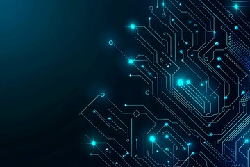 Abstract close-up of a glowing blue digital circuit board, showcasing intricate connections and technological design on a black background.
