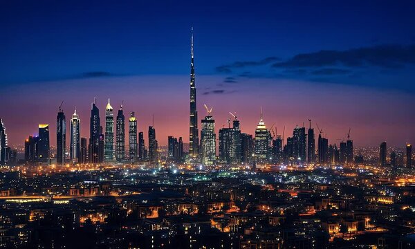 Cityscape twilight, skyscrapers illuminated, desert background, travel postcard