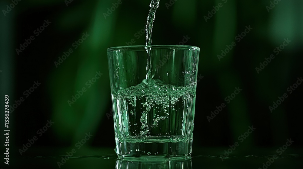 Poster water streams into a glass creating bubbles and filling it