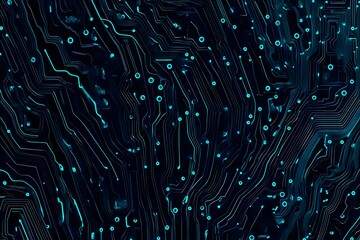 Fototapeta premium Abstract close-up of a glowing blue digital circuit board, showcasing intricate connections and technological design on a black background. 