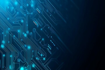 Abstract close-up of a glowing blue digital circuit board, showcasing intricate connections and technological design on a black background.

