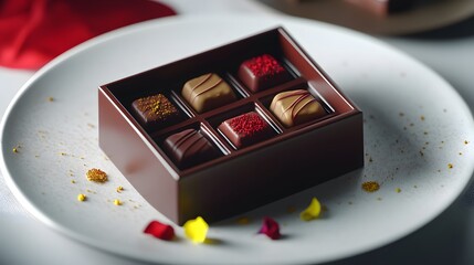 A vibrant presentation of gourmet chocolates in a sleek box, set on a minimal white plate with delicate garnish and rendered in HD.