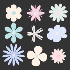Vector flowers. Spring flowers. Pastel colors.  Collection of daisy and sunflowers . Graphic elements for decorations. Vector illustration.
