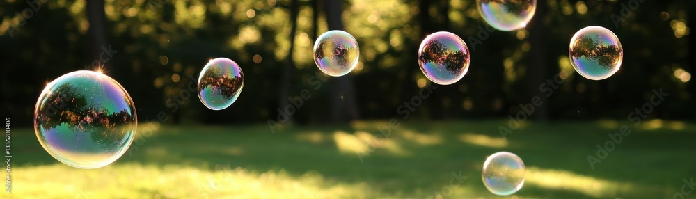 Poster several translucent bubbles are floating in a natural outdoor setting