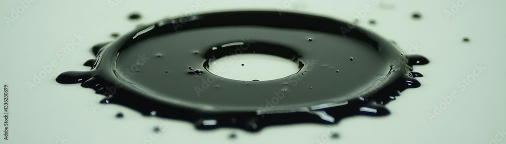 Poster concentric circular puddle of dark liquid rests on a white surface