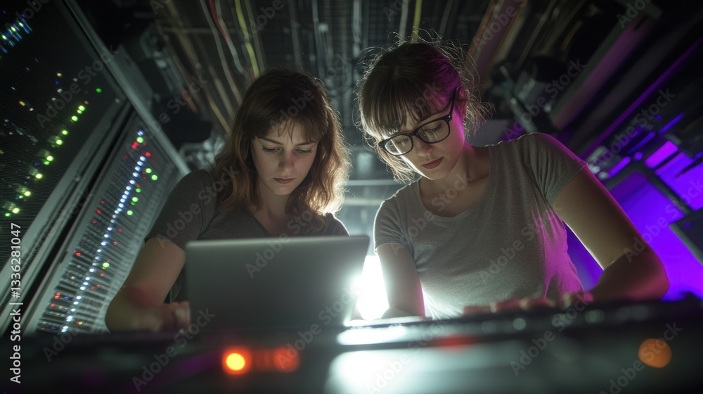 Poster two women working on computer systems in a server room