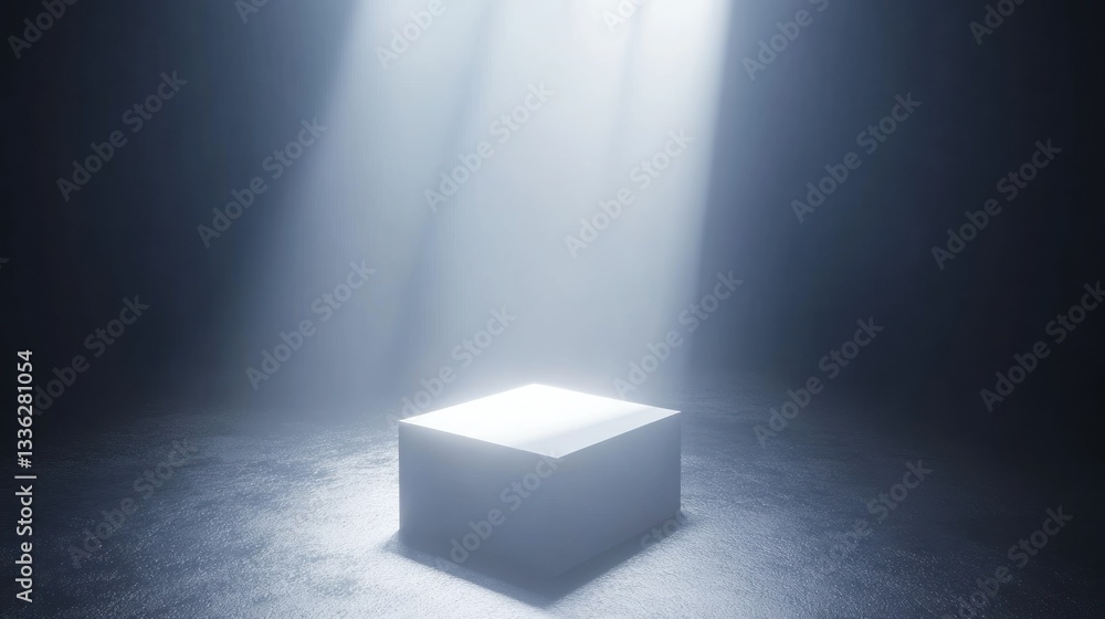 Poster a white illuminated cube situated beneath beaming light rays