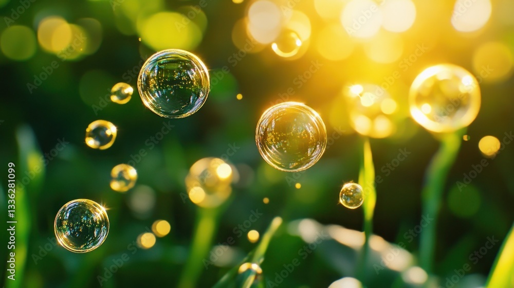 Poster soap bubbles float through the air against green grass background