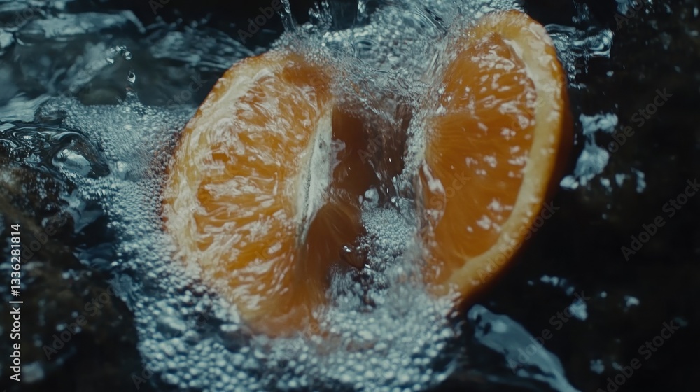 Poster An orange slice submerged in flowing water creating splashes and bubbles