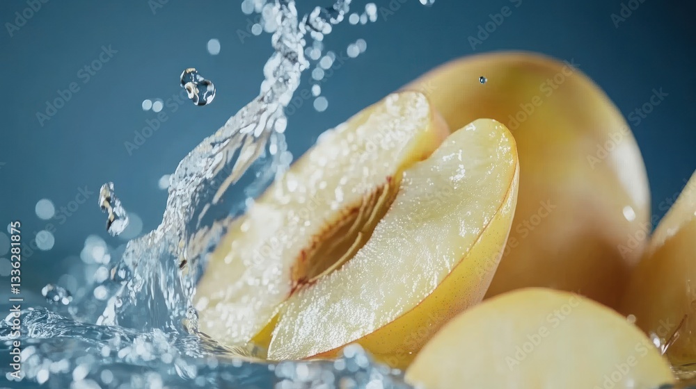 Poster Sliced fruit with splashing water creating refreshment effect in studio