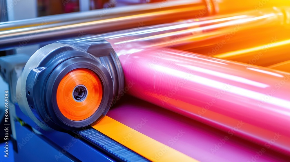 Poster an industrial machine processes colorful sheets in a manufacturing environment