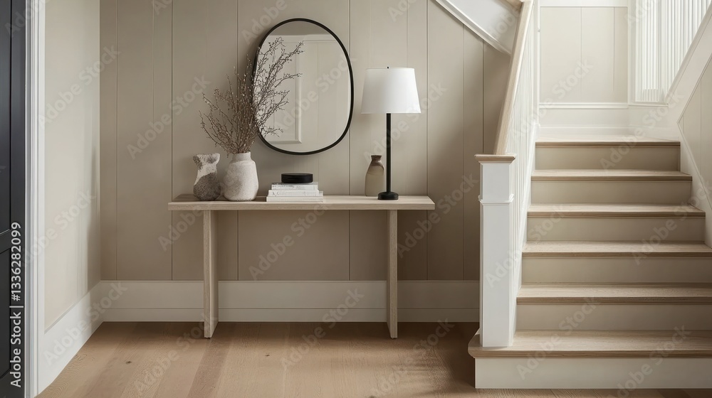Poster a tastefully decorated entry hall with a minimalist style and staircase