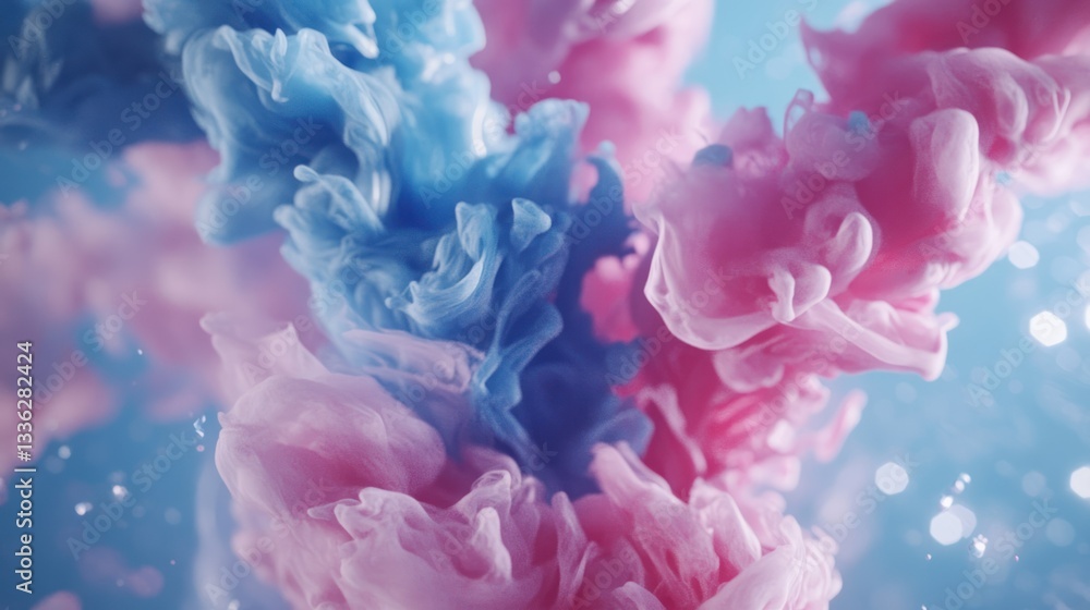 Poster blue and pink paints mixing and swirling in liquids with bokeh