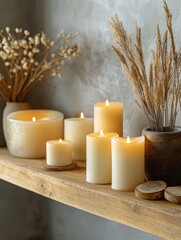 Serene Still Life: Candles & Dried Flowers on Wooden Shelf - Home Decor, Cozy Atmosphere, Rustic Style, Warm Light, Interior Design, Decoration