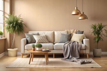Cozy Living Room with Soft Cushions and Warm Blanket