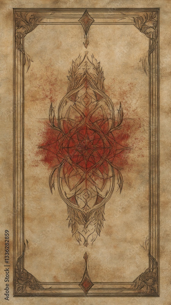 Aufkleber an ornate parchment features a symmetrical red design and frame