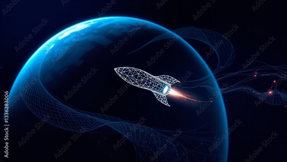 Poster digital rocket launching global innovation technology success future startup fast data mesh blue