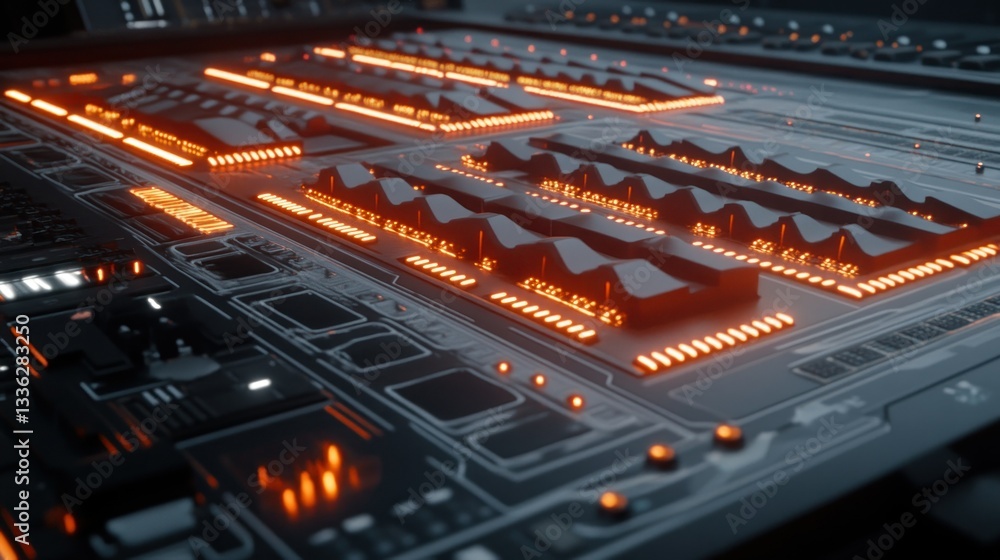 Poster an illuminated circuit board with integrated components and glowing lights