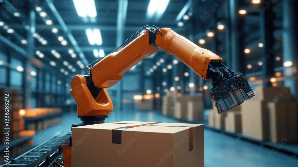 Poster automated industrial robotic arm handling a cardboard box in a warehouse