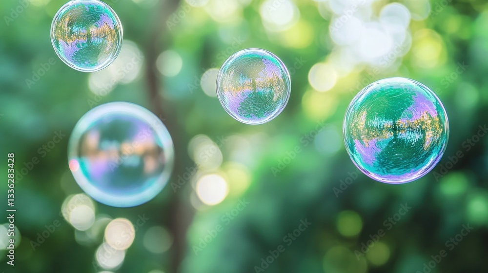 Poster Several iridescent bubbles floating in front of a green blurred background