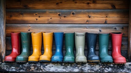 Fototapeta premium Family collection of rubber boots at the house