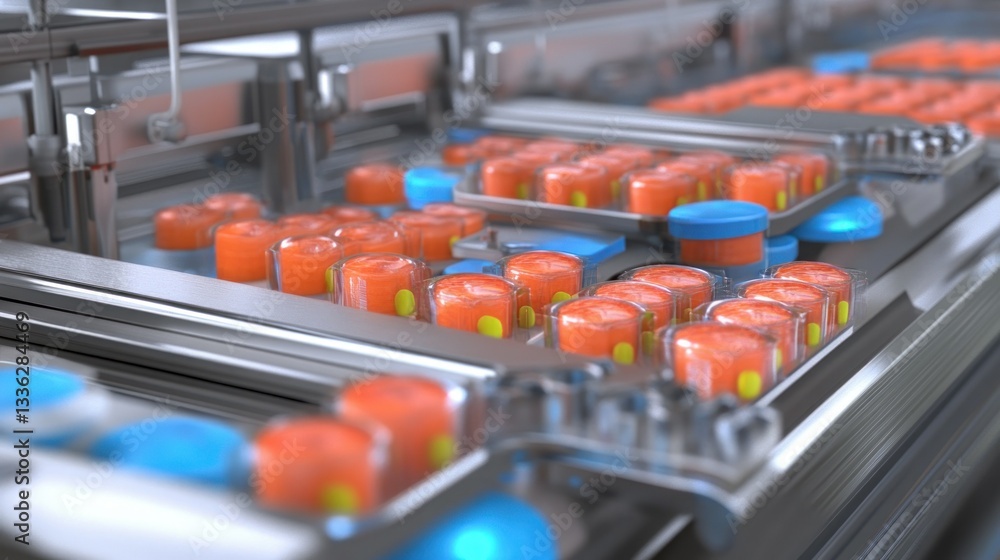 Poster Automated industrial production line processing orange containers in a factory
